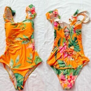 NEW!! Leonisa Floral Orange One-Piece Swimsuit Size Medium 5069